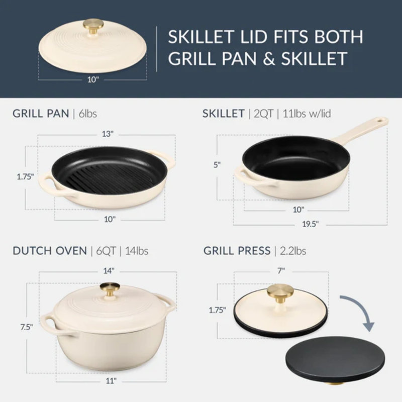 6-Piece Enameled Cast Iron Cookware Set, Vanilla