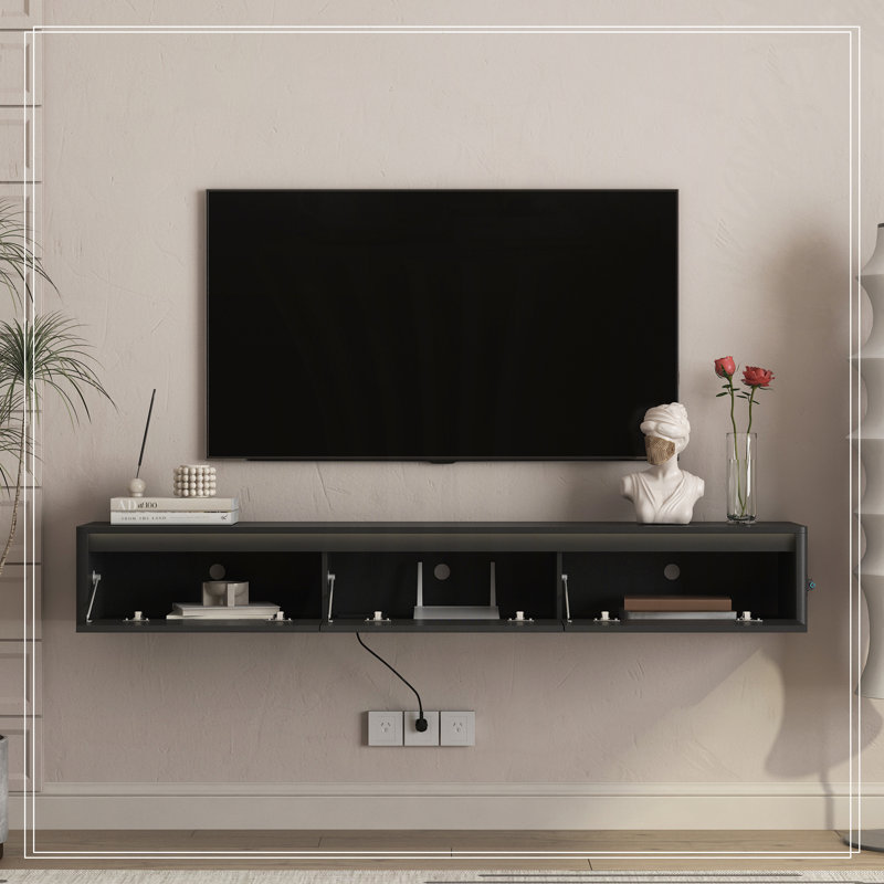 Floating TV Stand, Wall Mounted TV Shelf with Led Lights & Power Outlet,High Gloss TV Cabinet for White tv Stands for Living Room