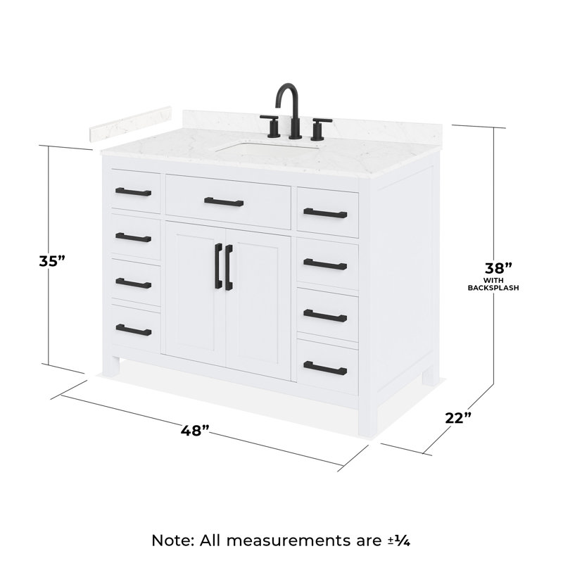 Meuble-lavabo simple de 48 po Beckett en blanc, comptoir en marbre de culture de Carrare, lavabo carré encastré (3 trous), garniture noir mat