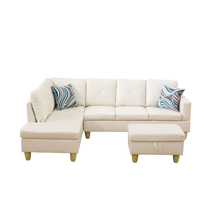 Ensemble de canapé modulaire en cuir 3 pièces avec méridienne et repose-pieds avec rangement Monaco, White, Face à la gauche