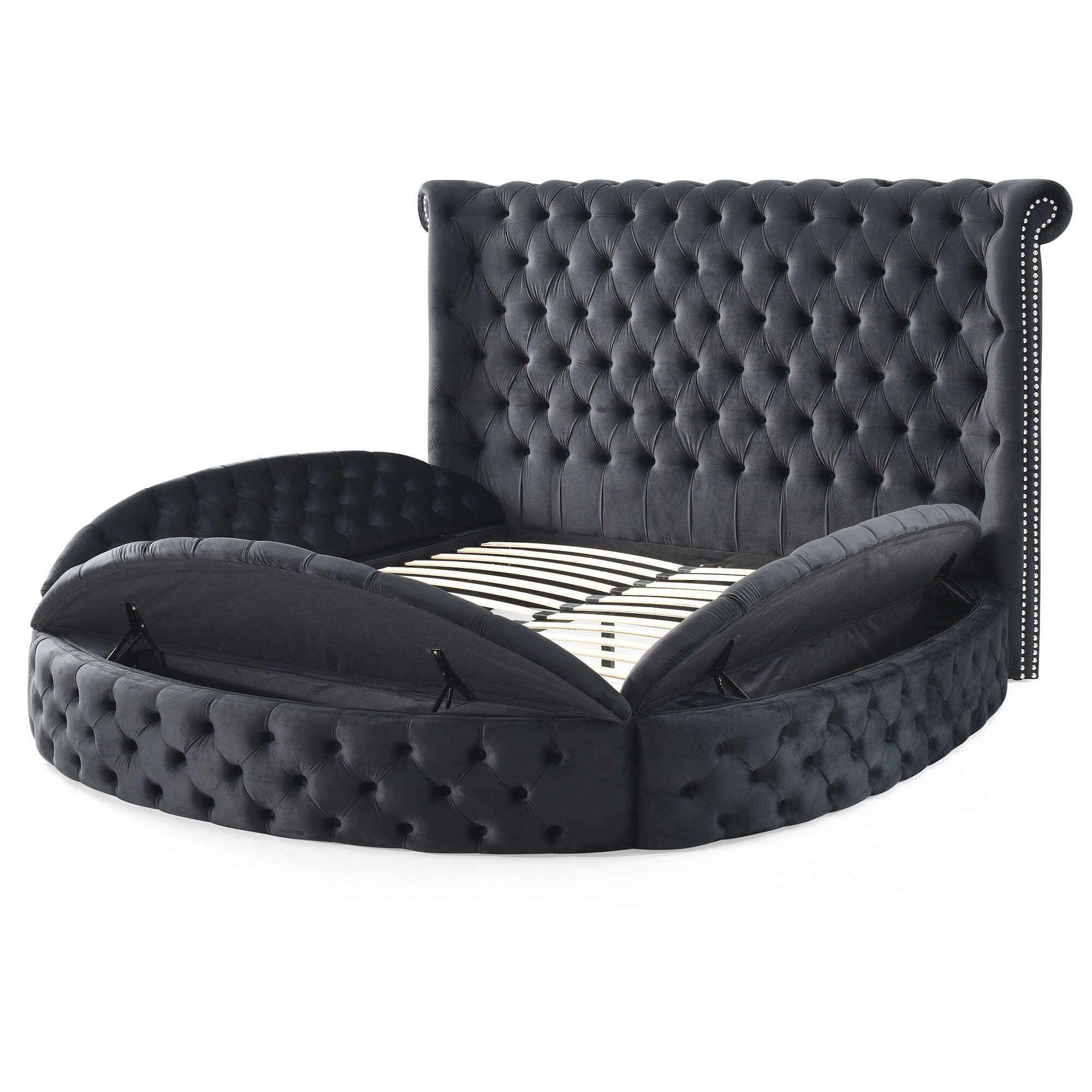 Mirna Upholstered Velvet Round Storage bed with Wingbacks