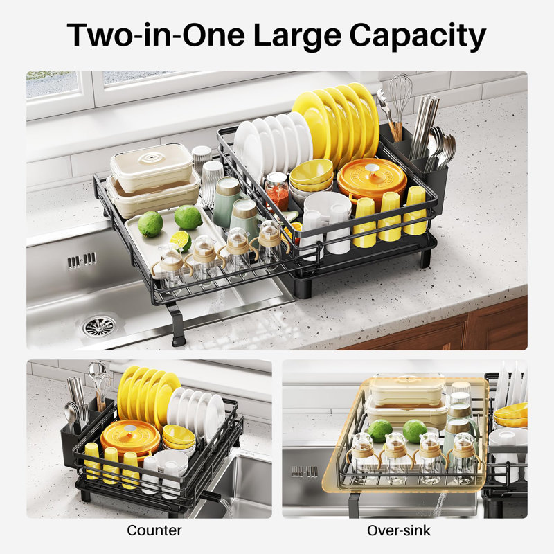 Égouttoir à vaisselle - Égouttoir à vaisselle extensible, grand égouttoir à vaisselle pour comptoir de cuisine, égouttoir à vaisselle en acier inoxydable avec porte-ustensiles (noir)