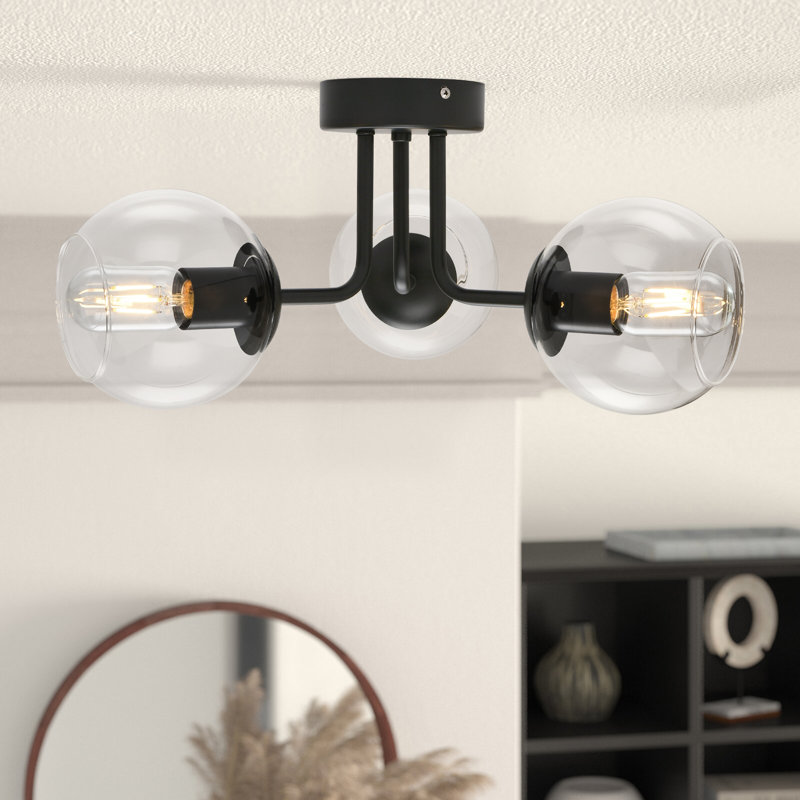 3-Light Modern Globe Glass Semi Flush Mount, Black