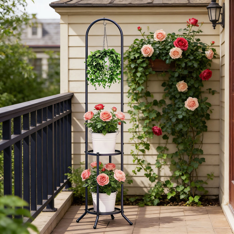 2-Tier Hanging Plant Stand For Indoor And Outdoor Use, Space-Saving Vertical Plant Shelf With Hanging Hooks, Heavy Duty Iron Planter Display Holder