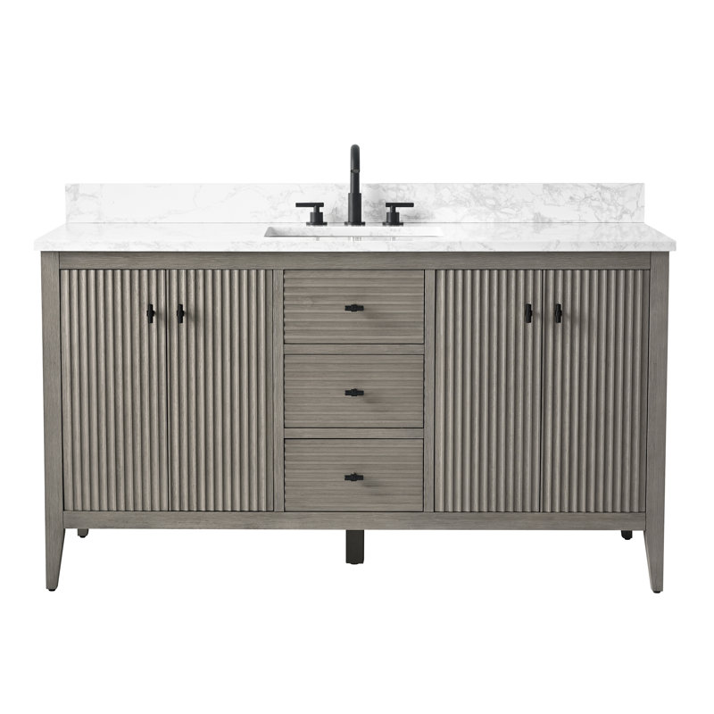 Ensemble de meuble-lavabo autoportant avec lavabo en marbre 60 po Lavallon, Gris flottant linéaire, Noir mat