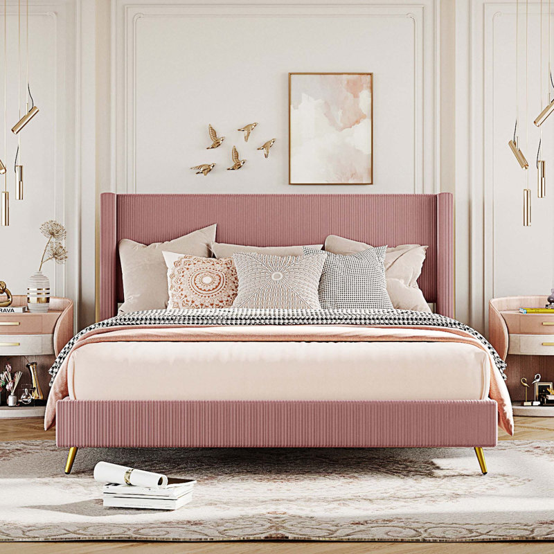 Grand lit plateforme tapissier Daventry, Rose 2