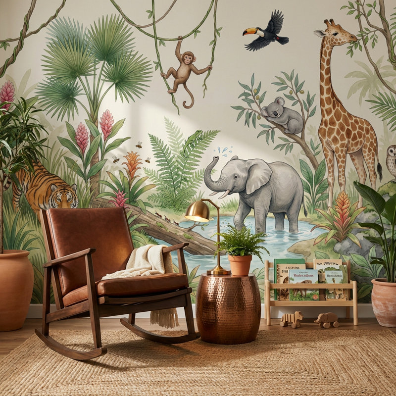 Papier peint Jungle, animaux de safari, aquarelle, illustration murale amovible, 140 po x 108 po, Peler et coller