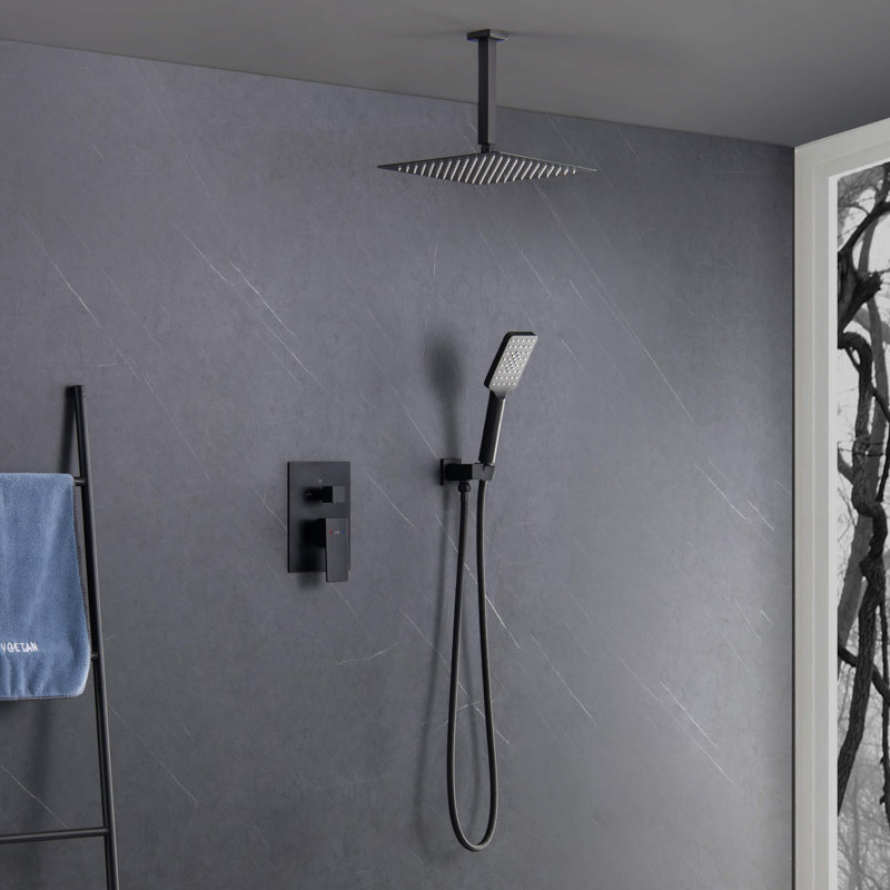 Système de douche cubique à pression équilibrée 2 fonctions avec valve brute, Noir mat