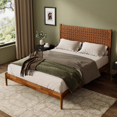 Acacia Wood Queen Size Platform Bed with Hand-Woven Vegan Leather Headboard, Mid-Century Modern Style, No Box Spring Needed