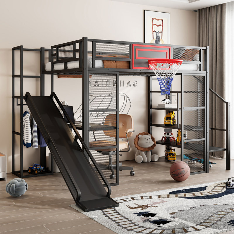 Lit mezzanine en métal avec bureau intégré, Noir