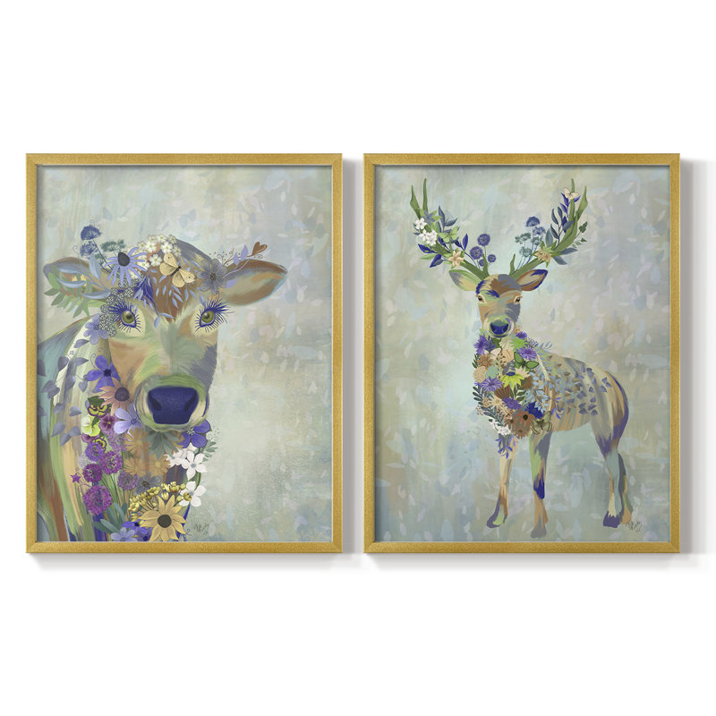 Fantastic Florals Cow - reproduction encadrée de qualité supérieure - prête à être accrochée - aucun clou requis - aucun clou requis