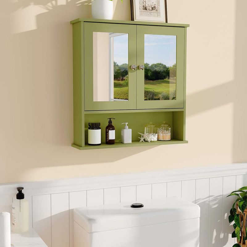 22.2" Wall Mount Mirror Medicine Cabinet, Waterproof Oak Cabinet with Adjustable Shelf for Bathroom, Green