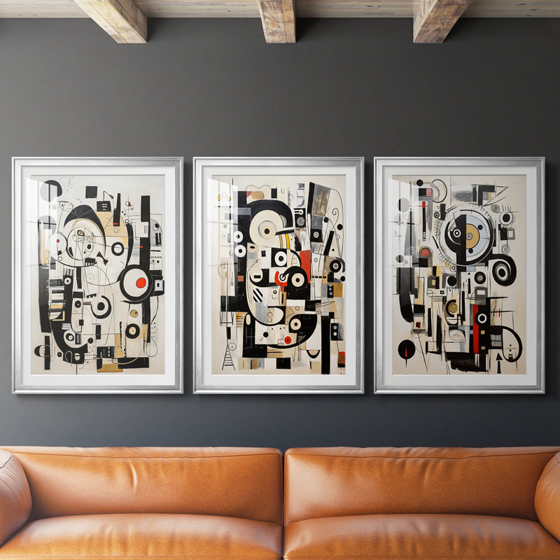ABSTRACT Series CCCCLXVII - Impression sur mesure de qualité supérieure avec mat - 3 pièces, H 19 po x l 45 po, Argent argent