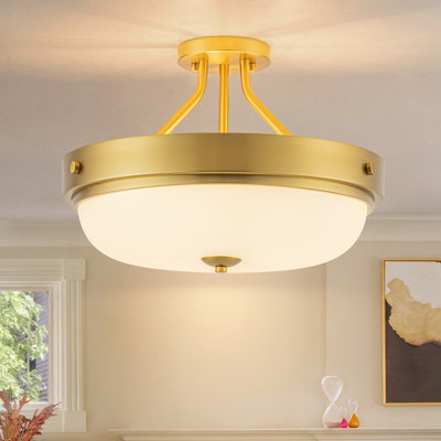 3-Light Mid-Century Modern Milk Glass Shade Semi-Flush Mount
