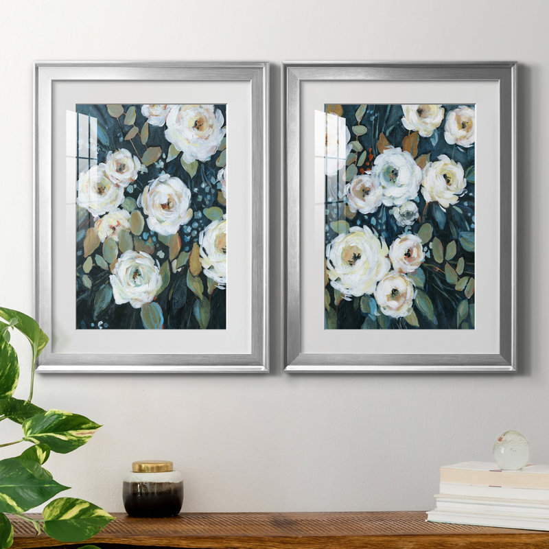Moonlit Garden II - ensemble de 2 reproductions d'art, H 22,5 po x l 61 po x P 1,5 po, Papier avec cadre argenté, Blanc