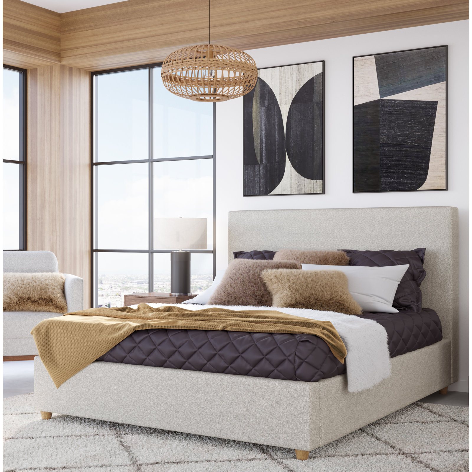 Linen Upholstered Bed, Ivory Boucle, King