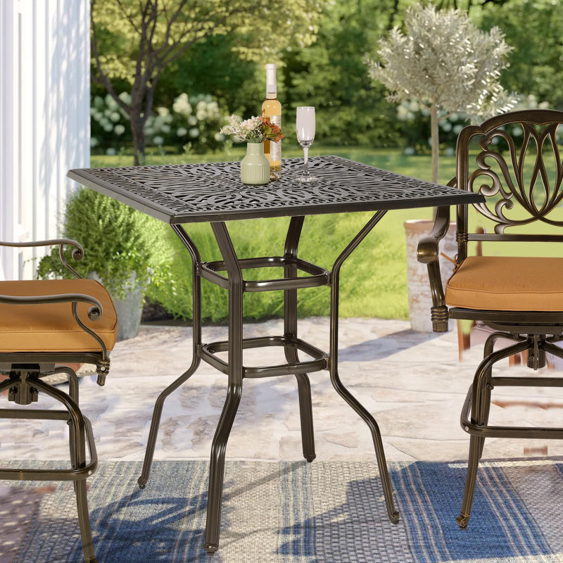 Astoria Grand 35.38" Patio Height Bar Table, All-weather Cast Aluminum Bar Bistro Table Outdoor Patio Square Dining Table With 2.2" Umbrella Hole For Balcony, Lawn, Garden, Backyard, Antique Bronze
