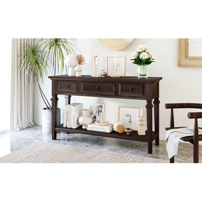 Console de style rétro classique avec trois tiroirs supérieurs et une tablette inférieure de style ouvert, facile à assembler (bleu marine)
