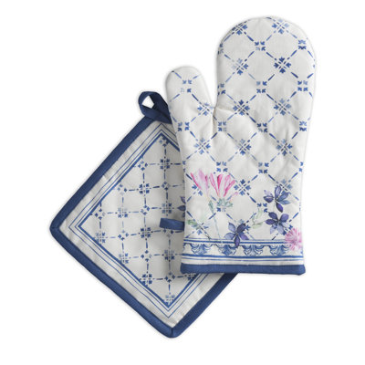 Maison D' Hermine Faience Floral Cotton Potholder & Oven Mitt Set