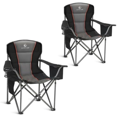 Chaises de camping surdimensionnées entièrement rembourrées avec support lombaire | Armoire en acier robuste de 500 lb, robuste, durable, sac isotherme, tissu Oxford 600D, porte-gobelet, sac de transport, poche, facile à installer