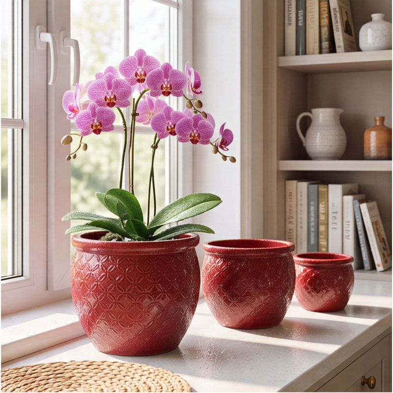 Ensemble de 3 pots à fleurs en céramique faits à la main en argile rouge foncé gaufré et respirant pour orchidées, intérieur / extérieur