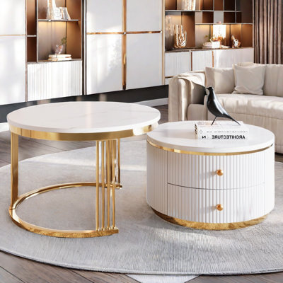 Modern 2 Pieces Round Nesting Lathgertha With 2 Drawers And Electroplated Gold Legs