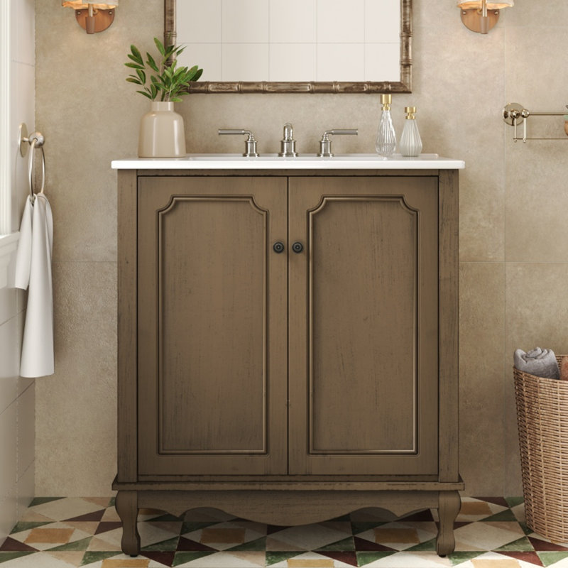 Meuble-lavabo de salle de bain rétro 30 po avec lavabo en céramique, pieds en bois massif brun antique et tablettes réglables