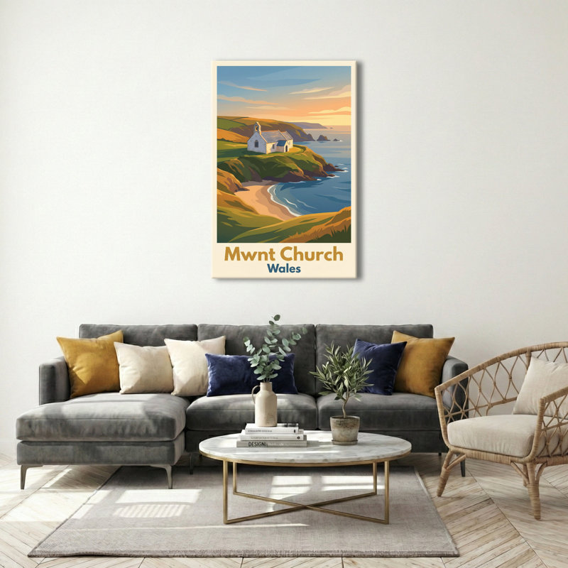 Mwnt Church, Wales - Coastal Chapel At Sunset | Romantic Travel Poster. Giclee Print On Wrapped Canvas. Wall Art, Home Decor - Religious & Cultural Sites, Wales - Wrapped Canvas Print