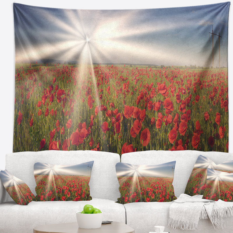 Coquelicots sauvages floraux sous la tapisserie du soleil, H 68 po x l 80 po