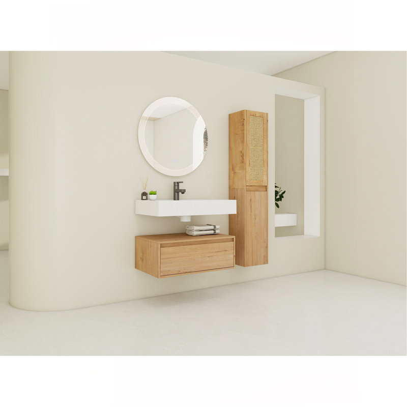 Meuble-lavabo mural 30 po avec lavabo en résine et armoire latérale, tiroir à fermeture en douceur (KD-Packing)