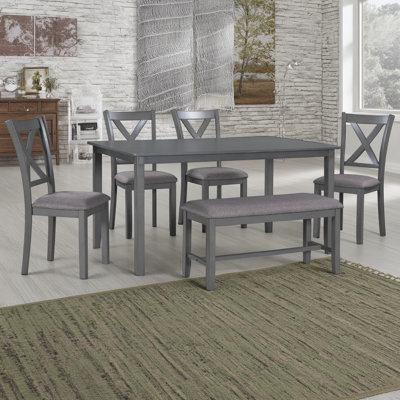Ensemble de table de salle à manger brun 6 pièces, comprenant une table rectangulaire en bois + 4 chaises en tissu + 1 banc, texture pratique et rétro