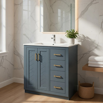 Lavabo de salle de bain Sarba, céramique et métal doré, bois bleu 30 po