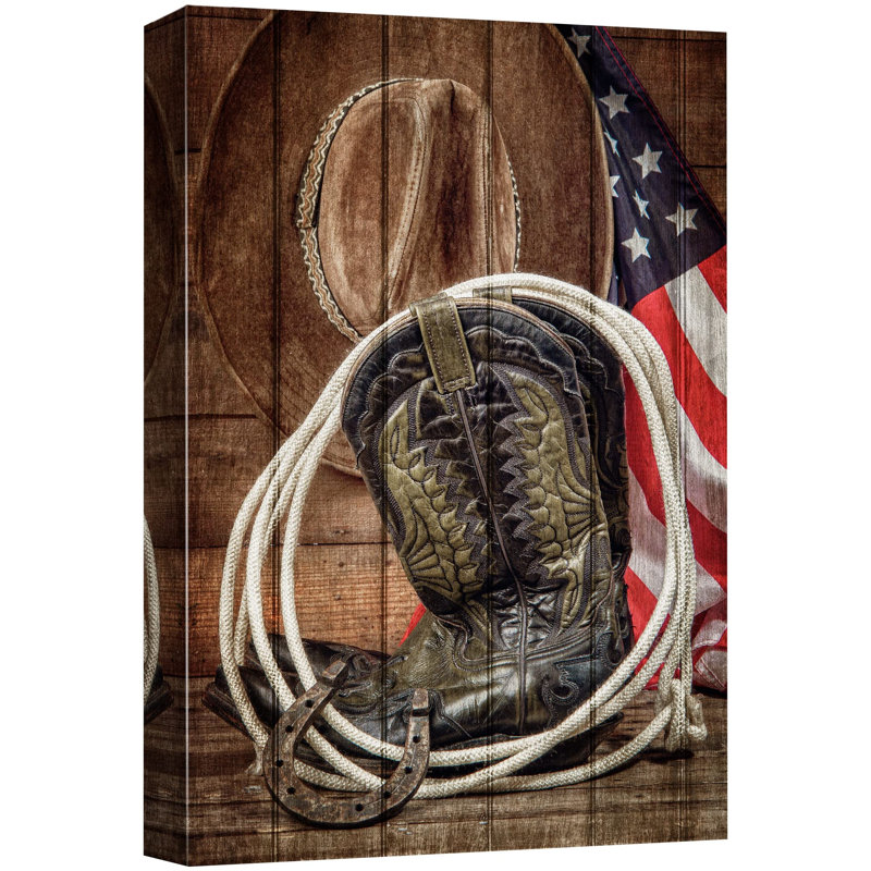 Panneau à effet de bois, botte de cowboy, cheval, lasso, art numérique, ferme rustique, faune, Toile tendue
