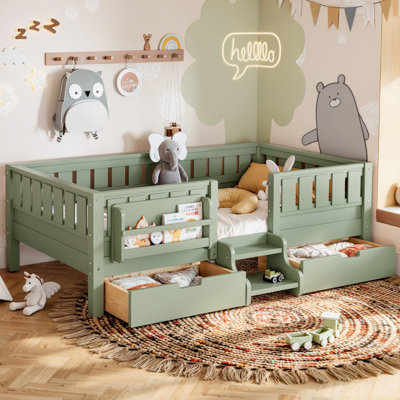 Lit enfant une place avec étagères intégrées, 2 tiroirs de rangement, escalier de sécurité et barrières de sécurité, vert avocat