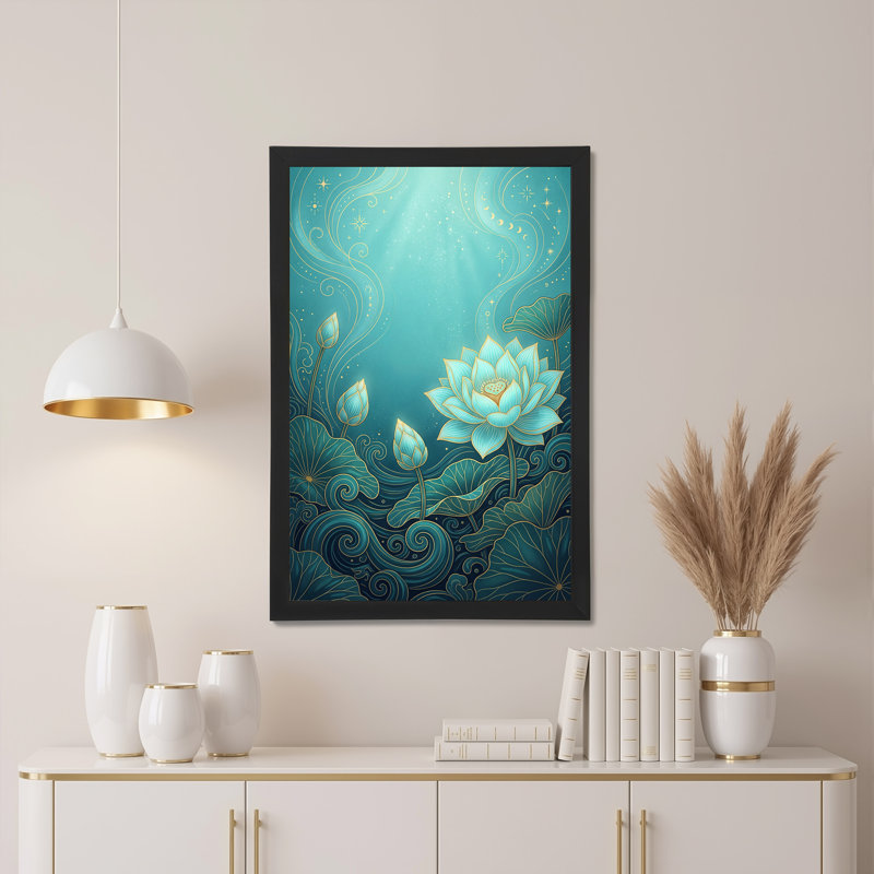 Art sur toile, fleurs de lotus turquoise avec contours dorés et phases de lune, 18"H x 12"W