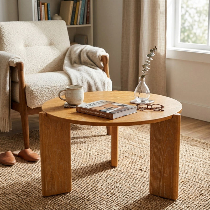 Claremont Solid Rubberwood Coffee Table for Living Room, Wood Round Tea Table with Solid Legs for Bedroom, Natural Wood