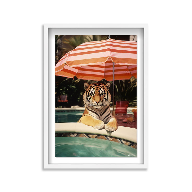 Oliver Gal Poolside Tiger Encounter Coastal - Luxury Shadowbox Framed Wall Art, 46.5" H x 31.5" W, White