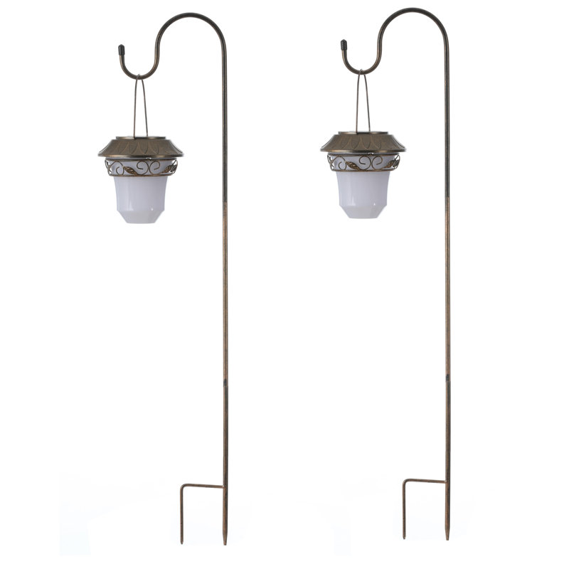 Set of 2 Solar-Powered Leaf Design Hanging Lanterns with Shepherd Hooks