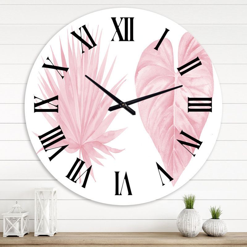 Horloge murale tropicale à feuilles d'aquarelle roses II - Shabby Elegance, Très petit