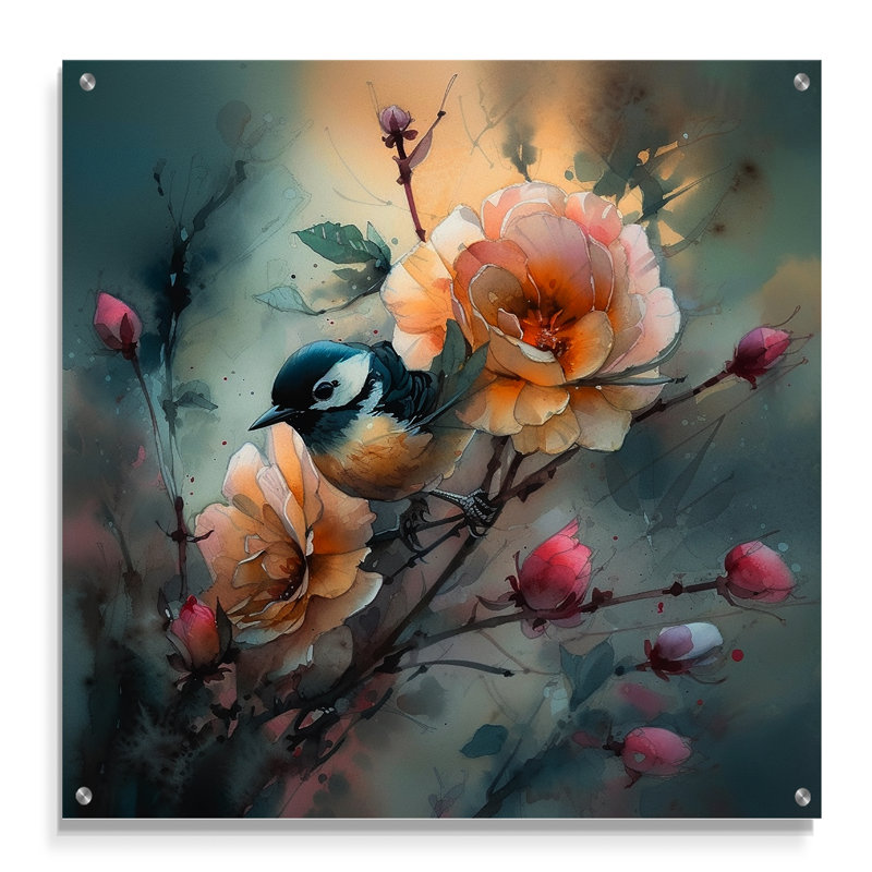 «Blue Little Bird On Rose Tree Banch I», art mural acrylique, H 36 po x l 36 po