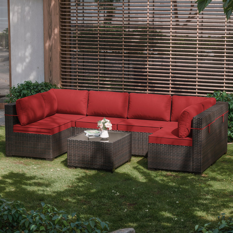 Hanshaw 7-Pieces All Weather Rattan U-Shape Sectional Sofa With Cushions, Red