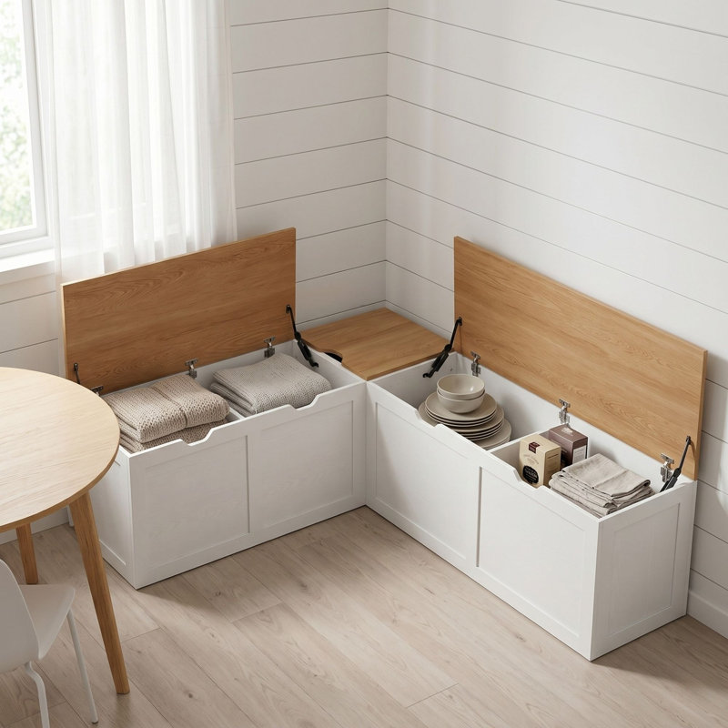 L-Shaped Corner Storage Bench for Space Saving, Entryway or Nook Bench, White/Natural, Natural/White