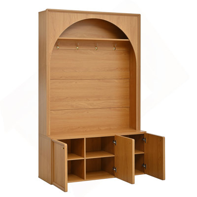 Farmhouse All-In-One Hall Tree With Adjustable Shelves, Retro Arched Entryway Storage Bench With 3 Cabinets, Wooden Coat Rack Organizer With 4 Golden Hooks For Mudroom, Hallway, Natural/Teak