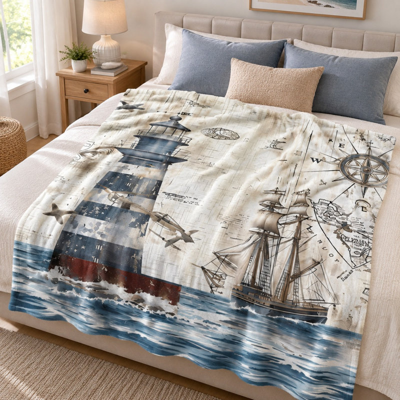 Plaid en flanelle à motif de phare et de carte marine - Léger, respirant, confortable en toutes saisons, doux pour la peau, lavable à la machine, décoratif, pour canapé, fauteuil, salon et chambre