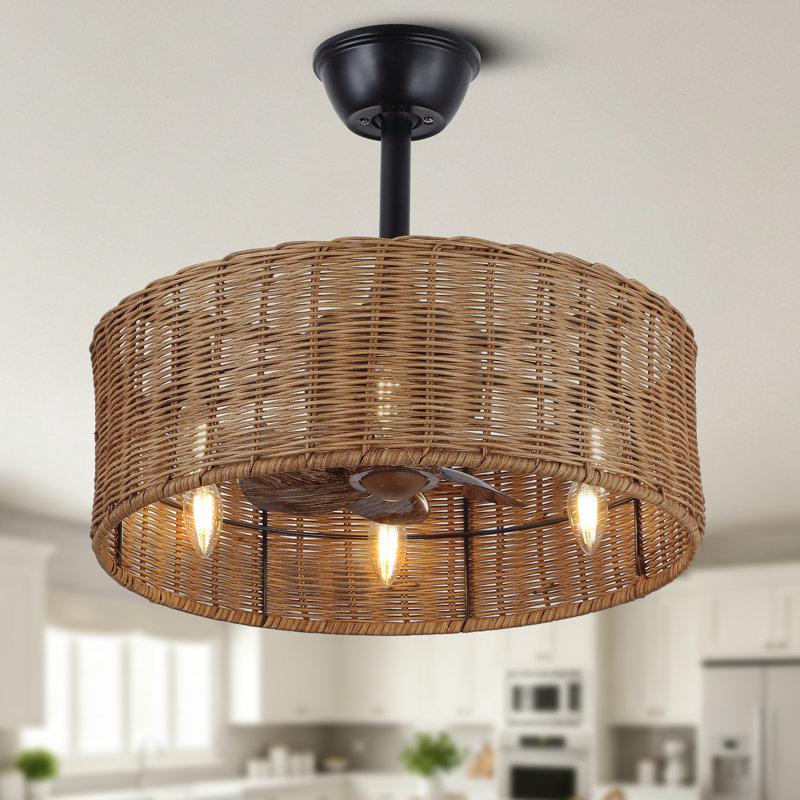 18" Boho Rattan Caged Ceiling Fan with Lights and Remote Control, Quiet DC Motor, 6-Speed and Timer