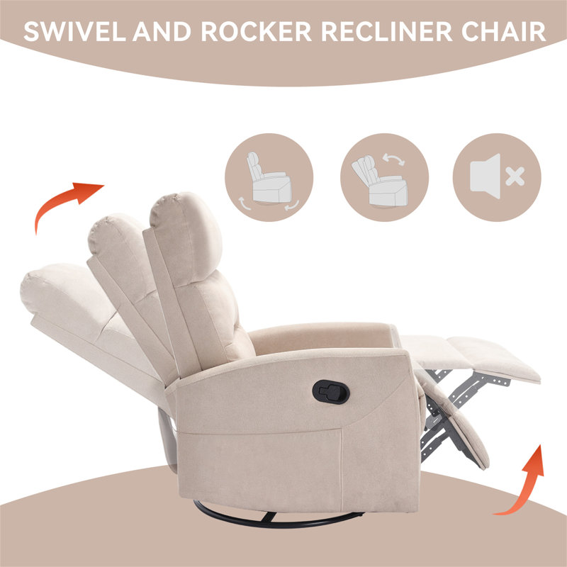 Manual Recliner Chair With Rocker And Swivel In Fabric For Living Room, Beige Fabric