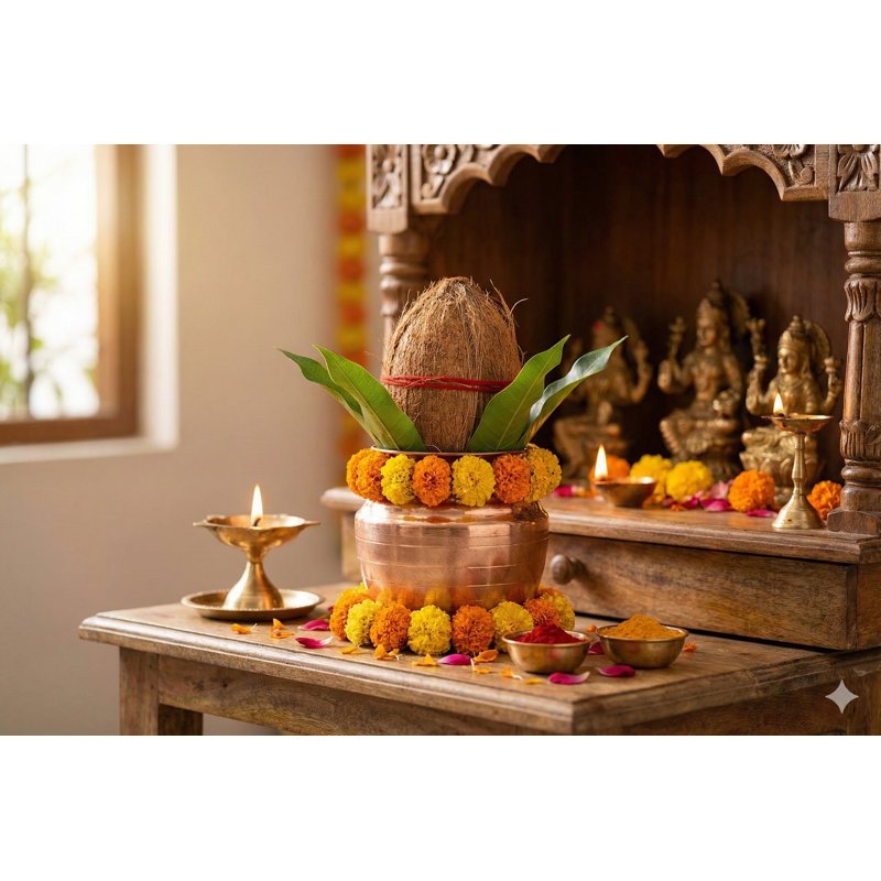 Puja Kalash en cuivre pur, pot de lota indou fabriqué à la main pour Abhishekam et autel spirituel