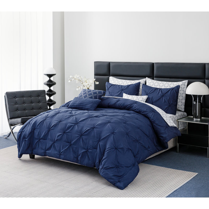 8pc/10pc Pintuck Bed-in-a-Bag, Navy, Full Comforter + 10 Additional Pieces