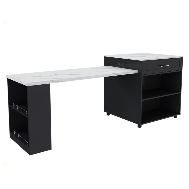 80-Inch Expandable Kitchen Island With Dining Table, Marble-Grain Countertop With Power Outlet, Mobile Storage Cart With Cabinet & 2 Drawers, Kitchen Prep Table (Black)