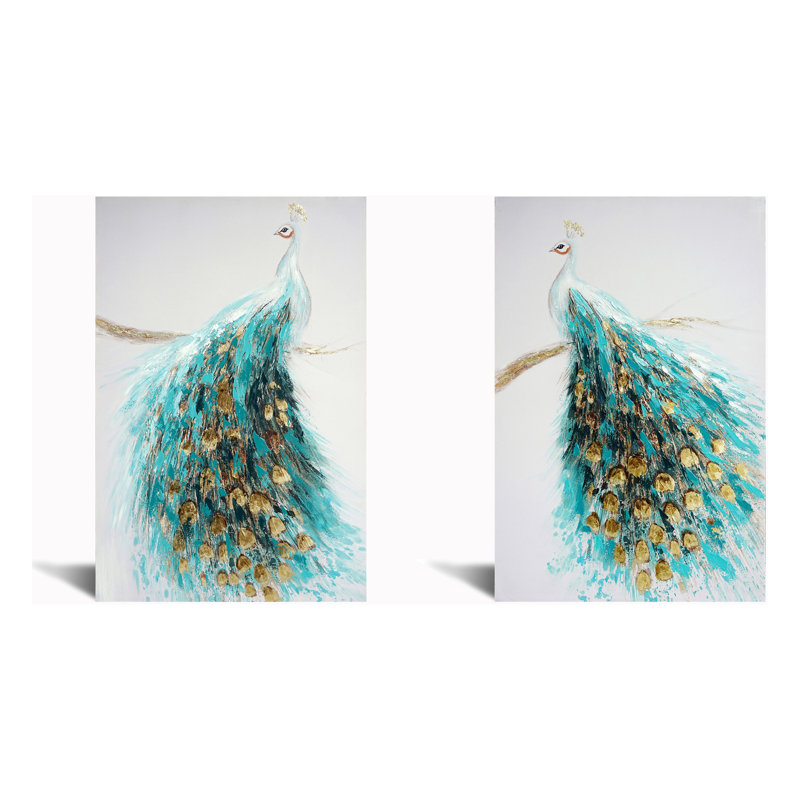 Paire de paons opulents en art mural bleu sarcelle et or - 47 po